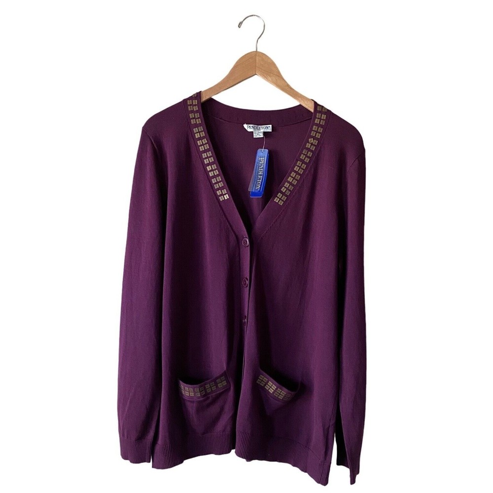 Pendleton Cardigan Sweater Womens Large Purple Silk Blend Petite Size XL (NWT)